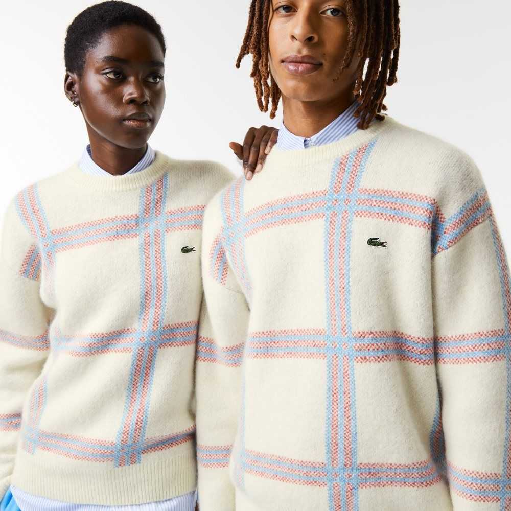 White / Red / Blue Lacoste Relaxed Fit Tartan Pattern Wool Blend Sweater | ILOXYR-187