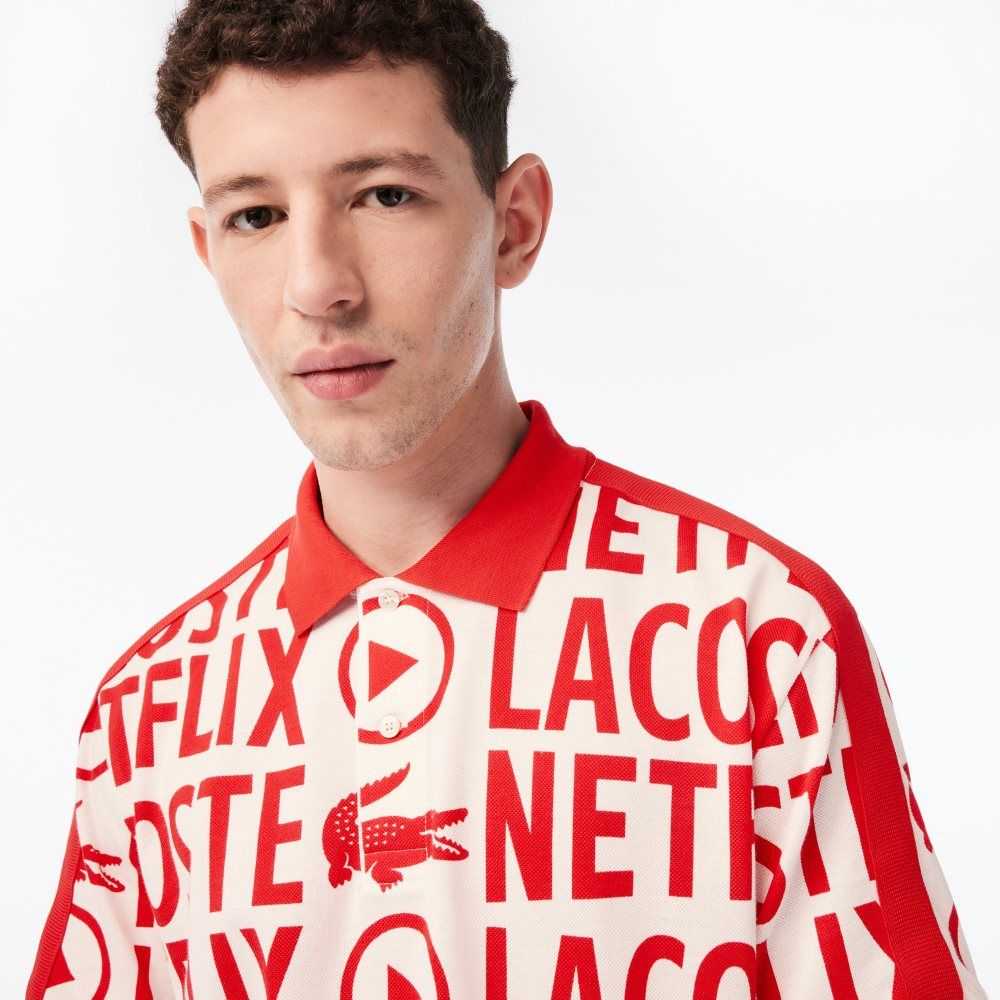 White / Red Lacoste x Netflix Loose Fit Organic Cotton Print Polo | IJPAUF-617