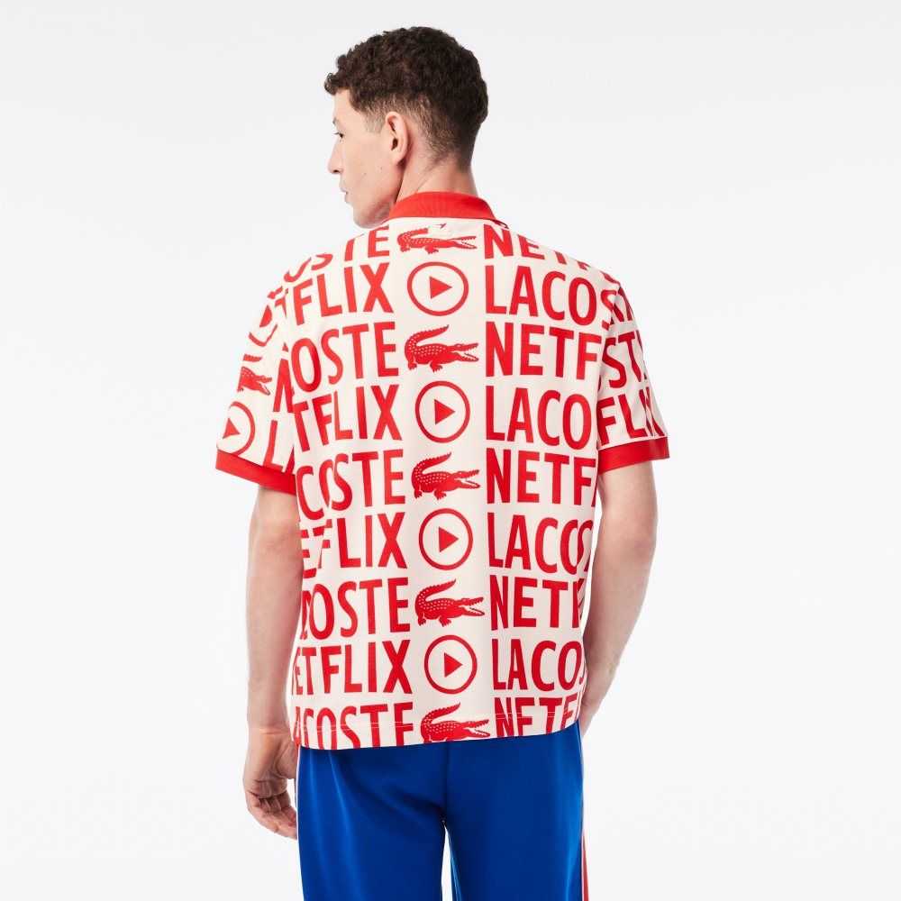 White / Red Lacoste x Netflix Loose Fit Organic Cotton Print Polo | IJPAUF-617