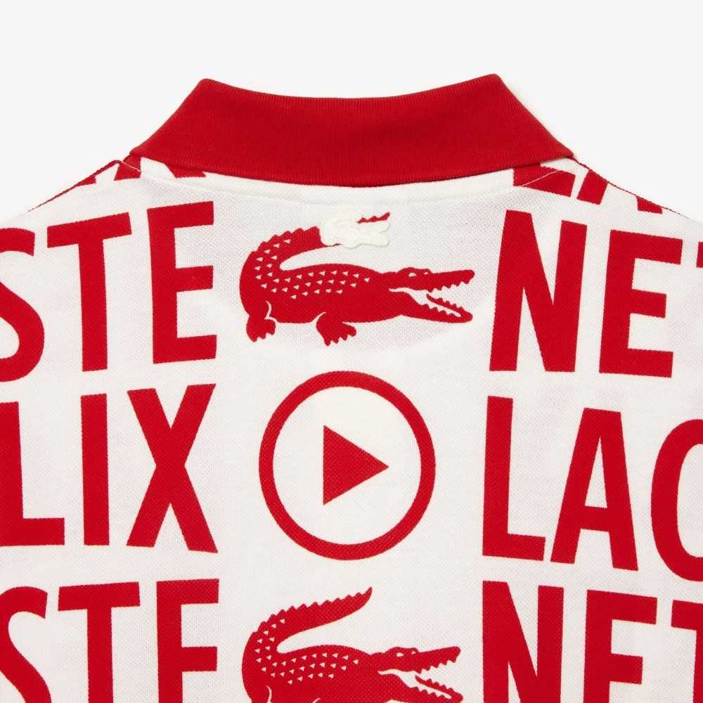 White / Red Lacoste x Netflix Loose Fit Organic Cotton Print Polo | IJPAUF-617