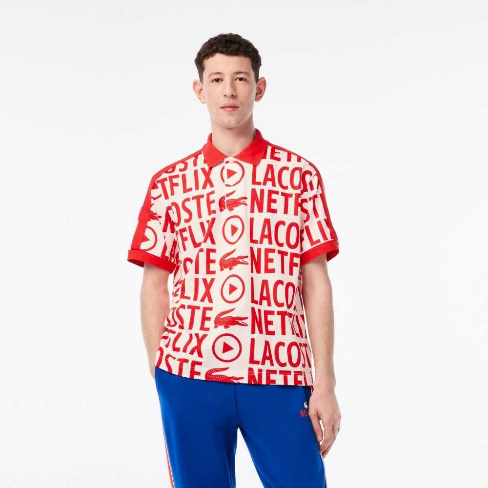 White / Red Lacoste x Netflix Loose Fit Organic Cotton Print Polo | IJPAUF-617