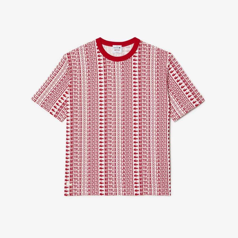 White / Red Lacoste x Netflix Loose Fit Printed T-Shirt | PKRCGL-569