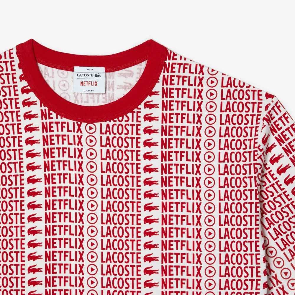 White / Red Lacoste x Netflix Loose Fit Printed T-Shirt | PKRCGL-569