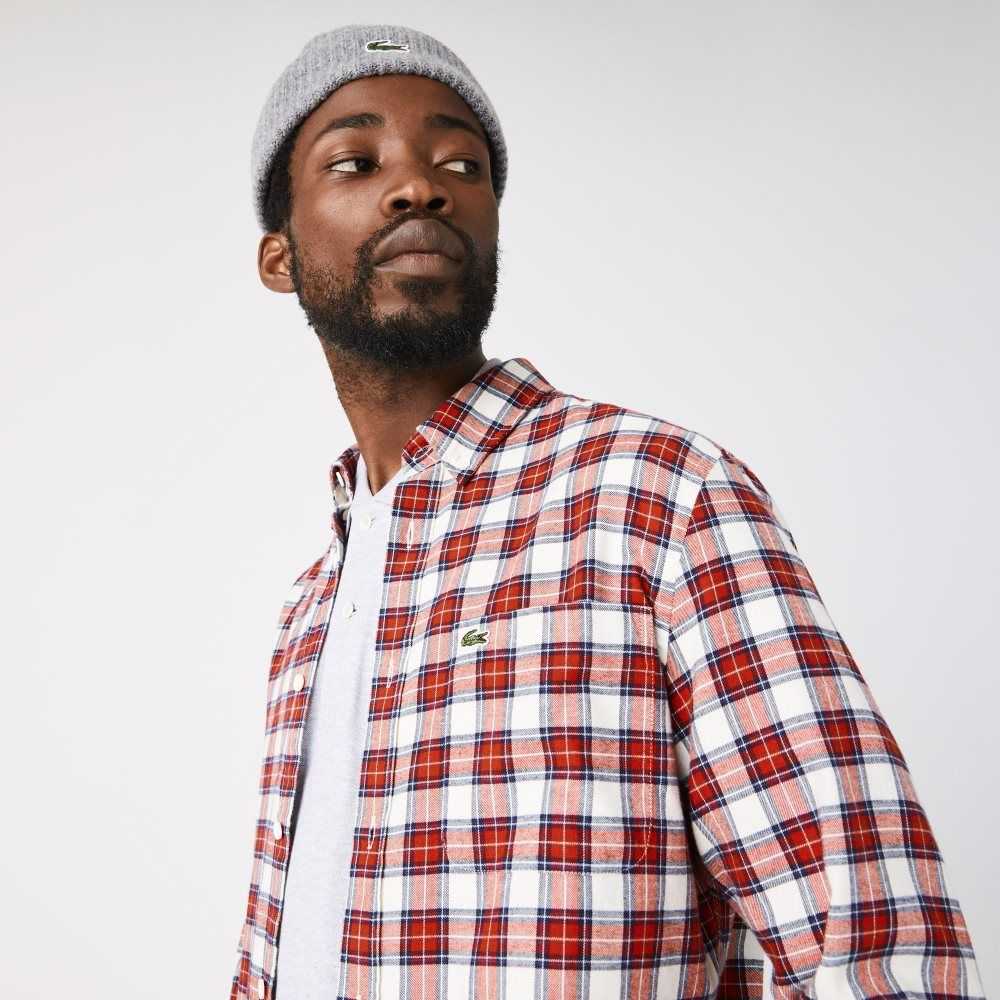 White / Red / Navy Blue Lacoste Regular Fit Check Print Flannel Shirt | IHFWLS-430