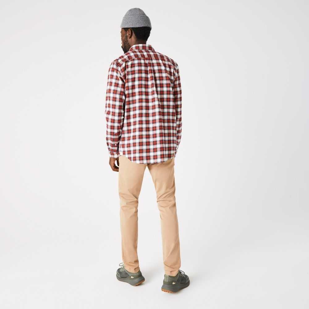 White / Red / Navy Blue Lacoste Regular Fit Check Print Flannel Shirt | IHFWLS-430