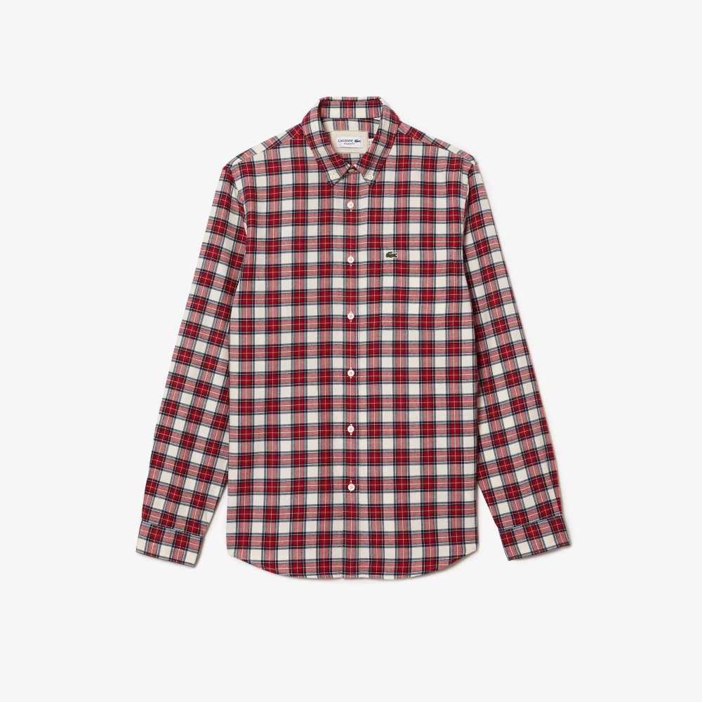 White / Red / Navy Blue Lacoste Regular Fit Check Print Flannel Shirt | IHFWLS-430