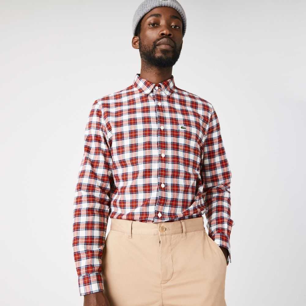 White / Red / Navy Blue Lacoste Regular Fit Check Print Flannel Shirt | IHFWLS-430