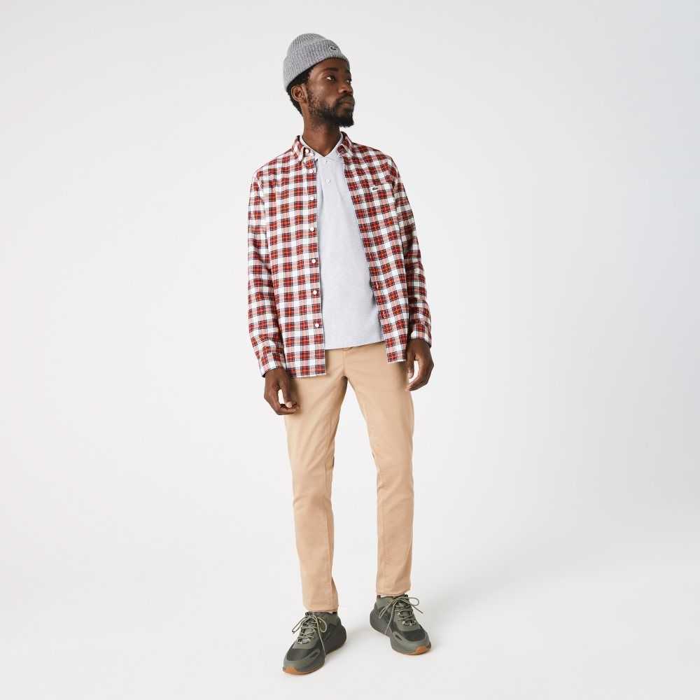 White / Red / Navy Blue Lacoste Regular Fit Check Print Flannel Shirt | IHFWLS-430