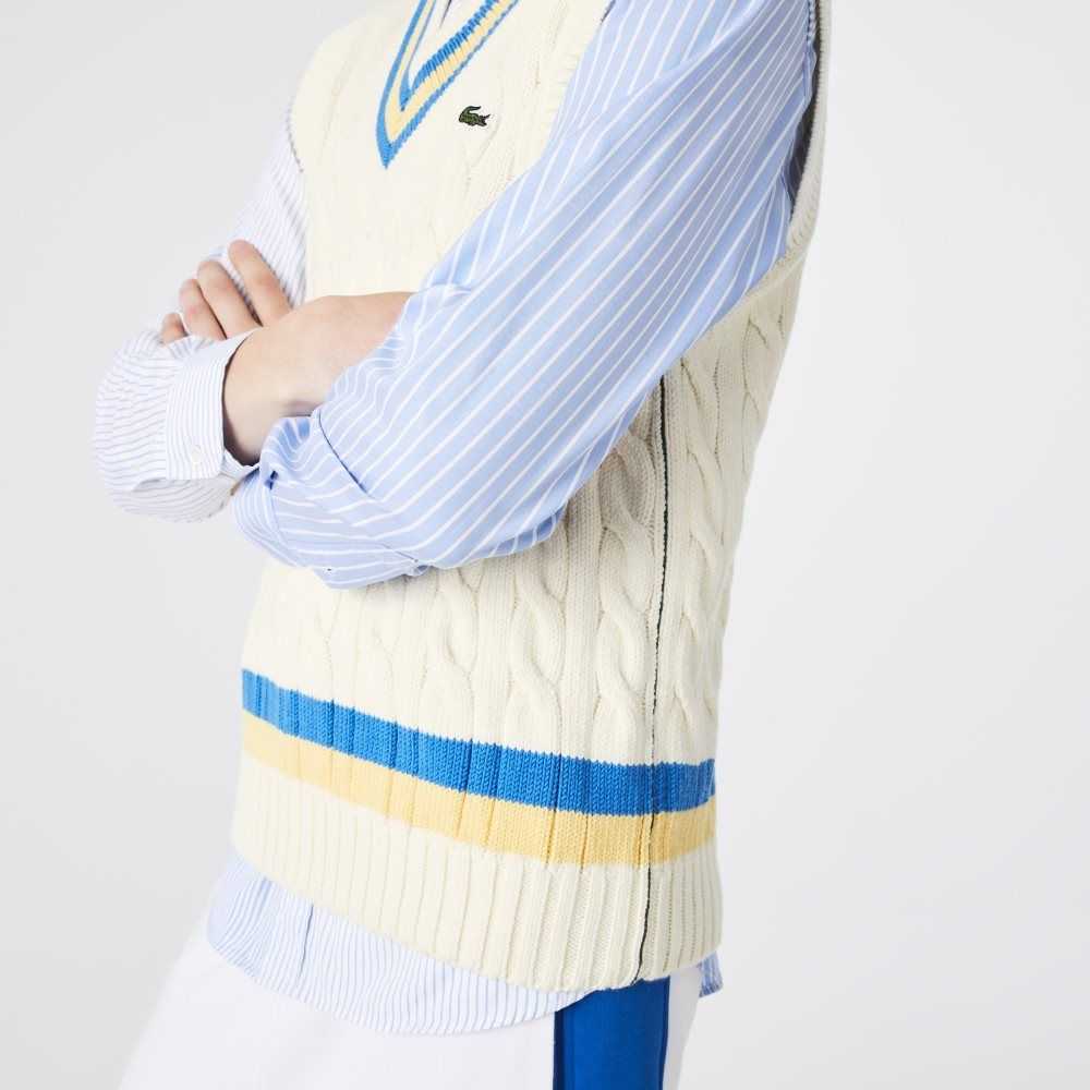 White / Yellow / Blue Lacoste Classic Fit Wool Sweater Vest | JICLBN-392