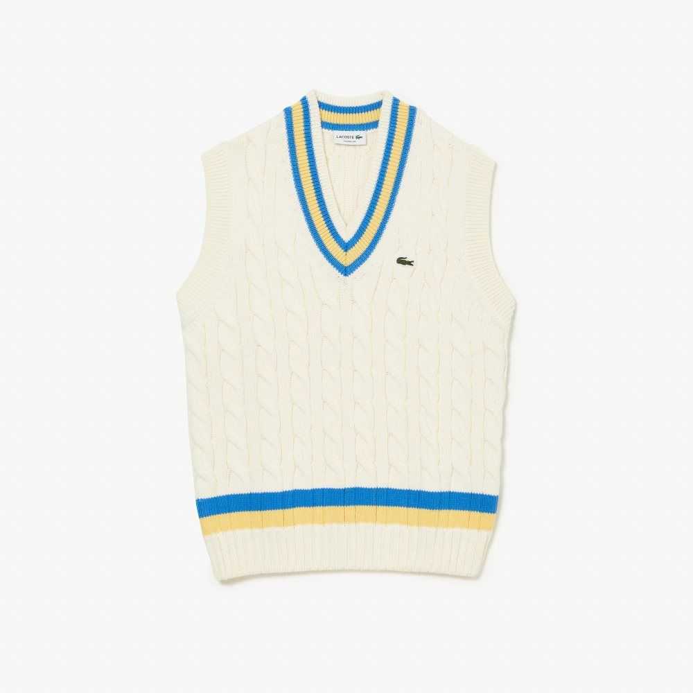 White / Yellow / Blue Lacoste Classic Fit Wool Sweater Vest | JICLBN-392