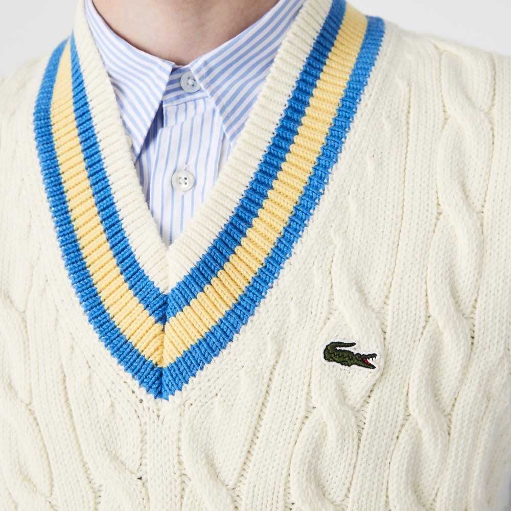 White / Yellow / Blue Lacoste Classic Fit Wool Sweater Vest | JICLBN-392