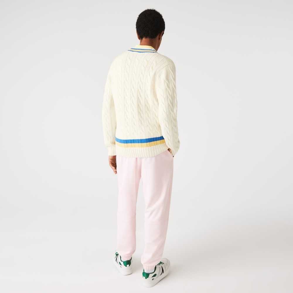 White / Yellow / Blue Lacoste Classic Fit Contrast Striped Wool Sweater | UPNHJL-586