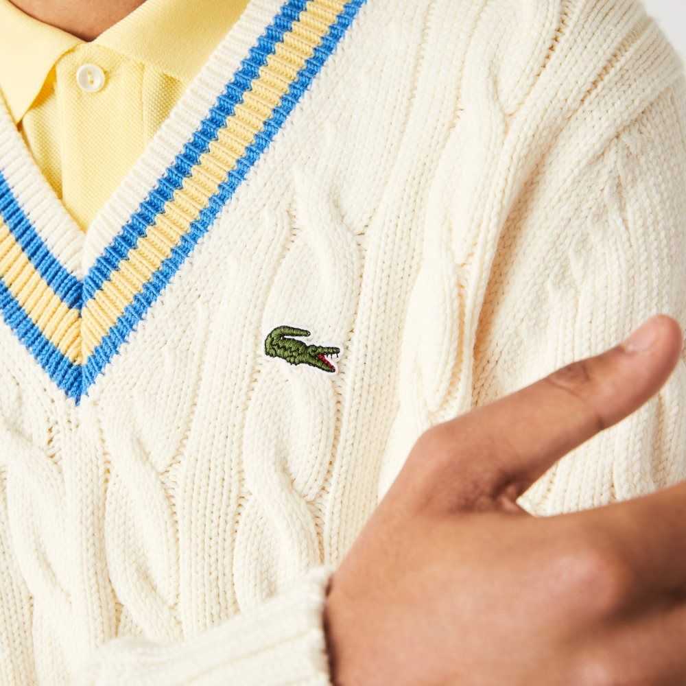 White / Yellow / Blue Lacoste Classic Fit Contrast Striped Wool Sweater | UPNHJL-586