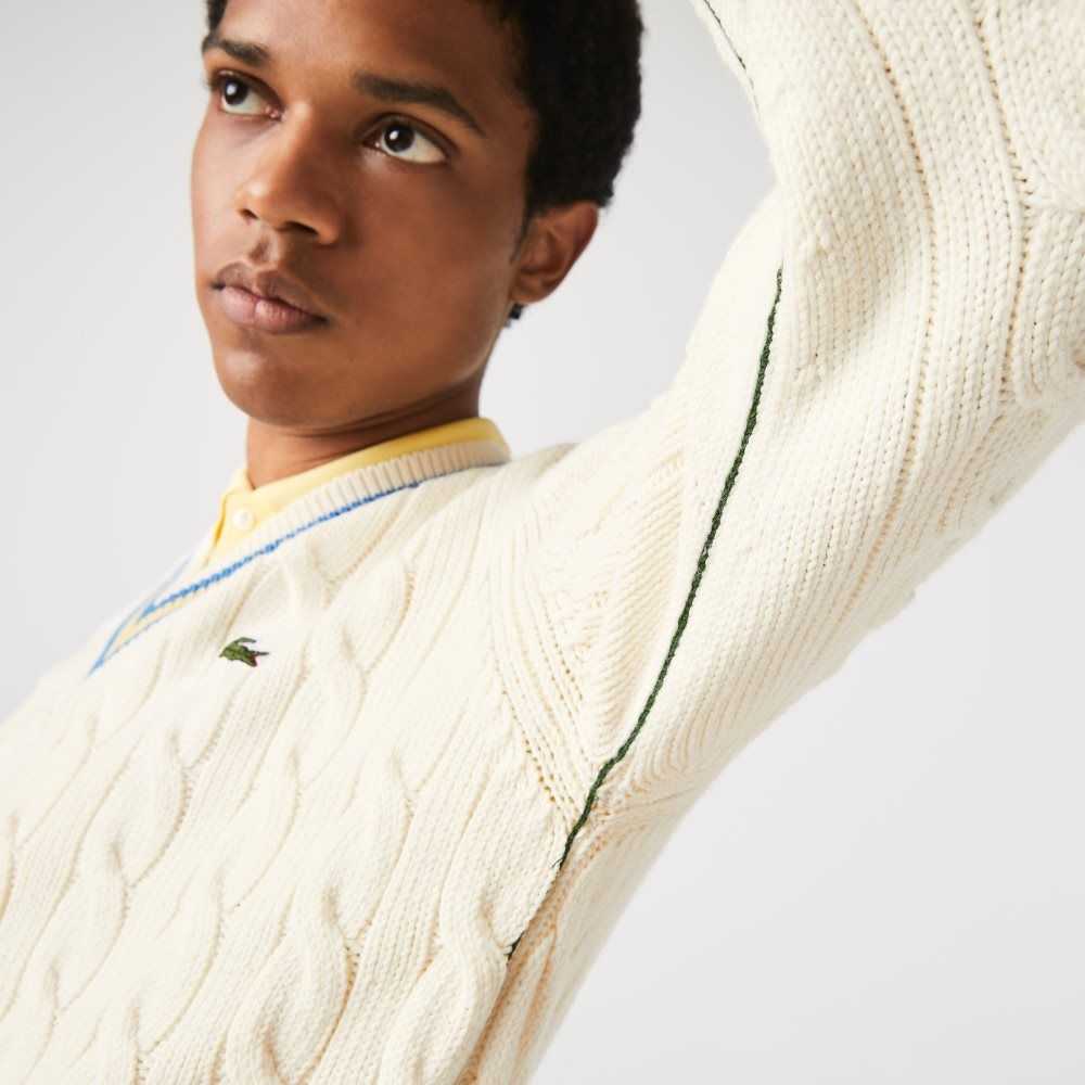 White / Yellow / Blue Lacoste Classic Fit Contrast Striped Wool Sweater | UPNHJL-586