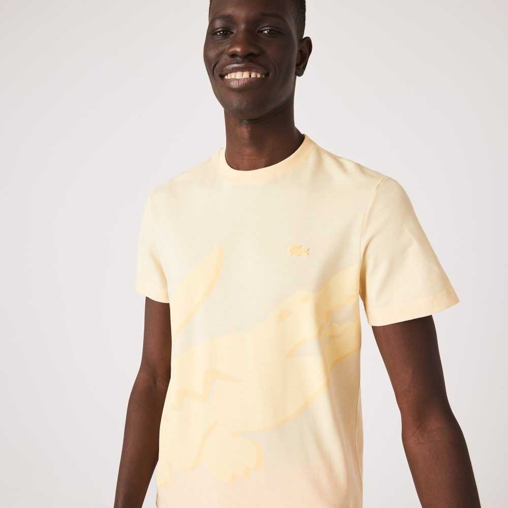 Yellow Lacoste Crocodile Print Crew Neck Stretch Organic Cotton T-Shirt | SADWYV-916