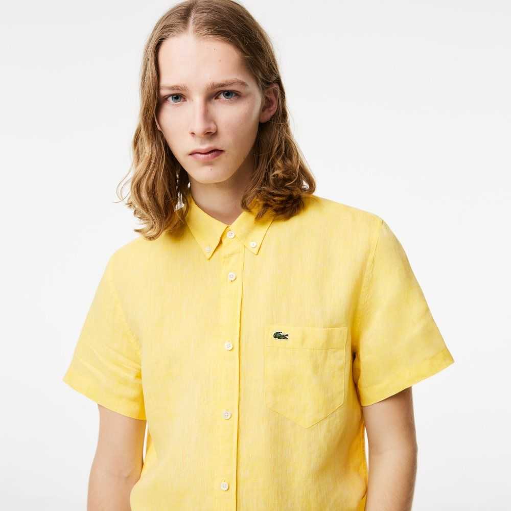 Yellow Lacoste Short Sleeve Linen Shirt | DEAYOK-109