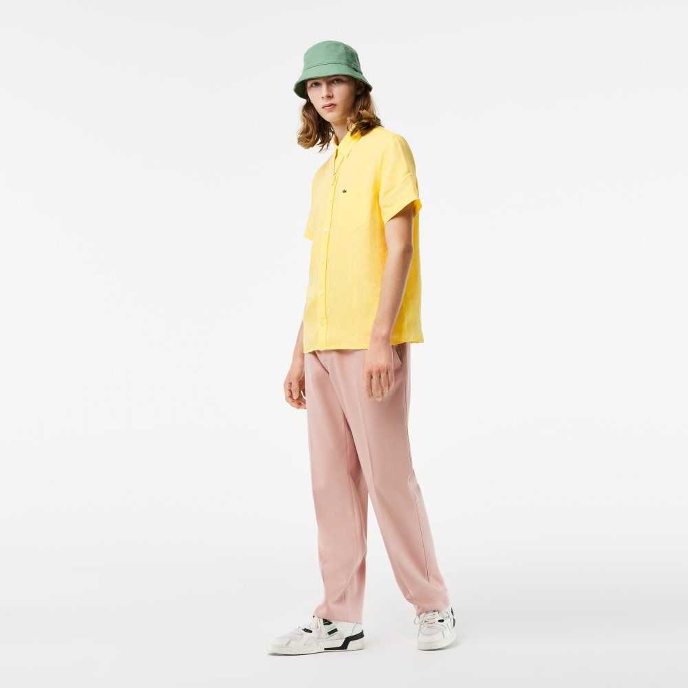 Yellow Lacoste Short Sleeve Linen Shirt | DEAYOK-109