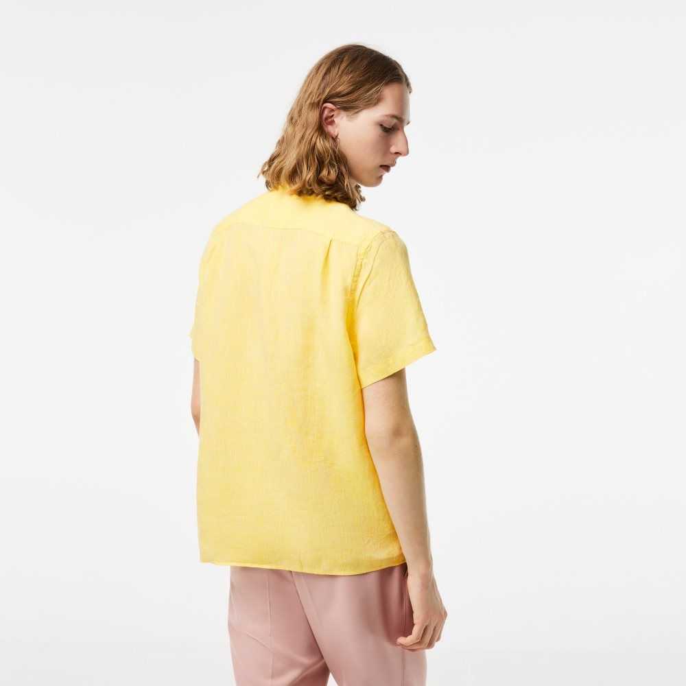 Yellow Lacoste Short Sleeve Linen Shirt | DEAYOK-109