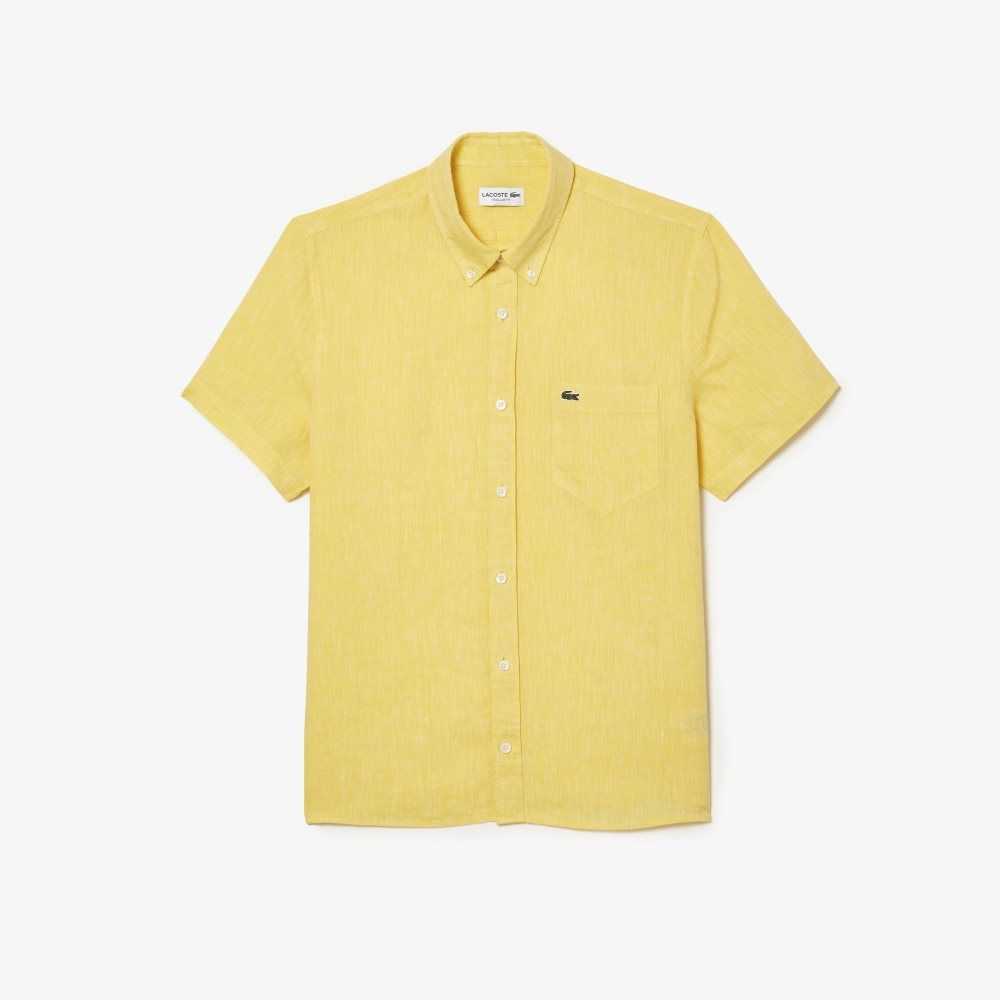 Yellow Lacoste Short Sleeve Linen Shirt | DEAYOK-109