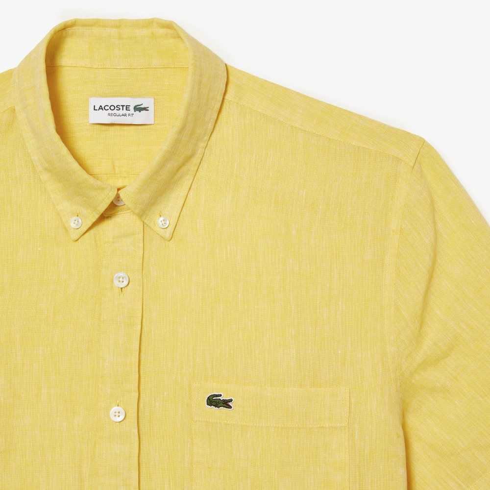 Yellow Lacoste Short Sleeve Linen Shirt | DEAYOK-109