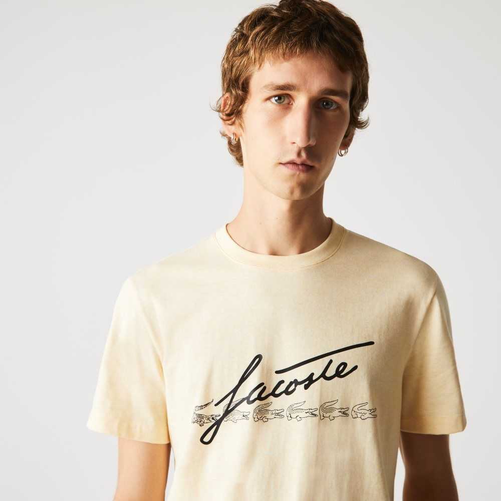 Yellow Lacoste Signature And Crocodile Print Crew Neck Cotton T-Shirt | TFNYDQ-239