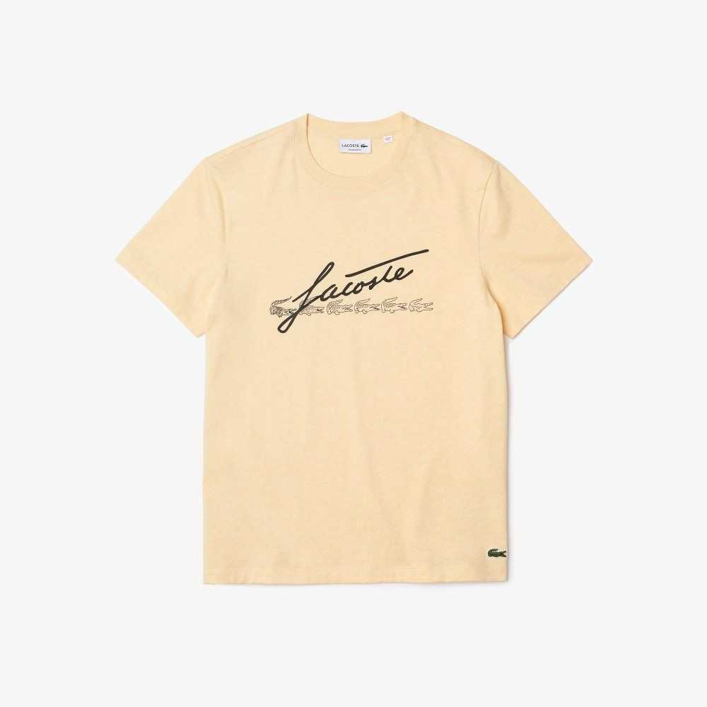 Yellow Lacoste Signature And Crocodile Print Crew Neck Cotton T-Shirt | TFNYDQ-239