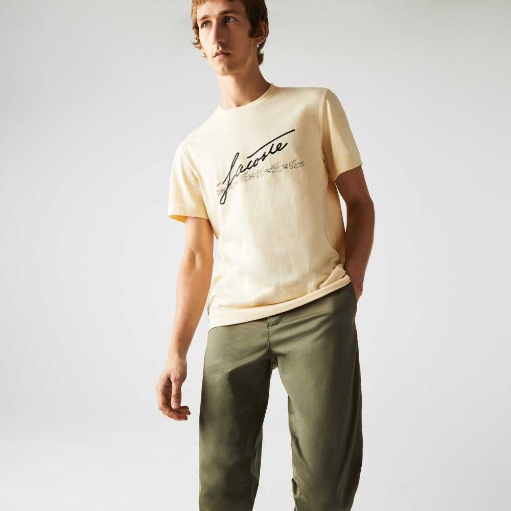 Yellow Lacoste Signature And Crocodile Print Crew Neck Cotton T-Shirt | TFNYDQ-239