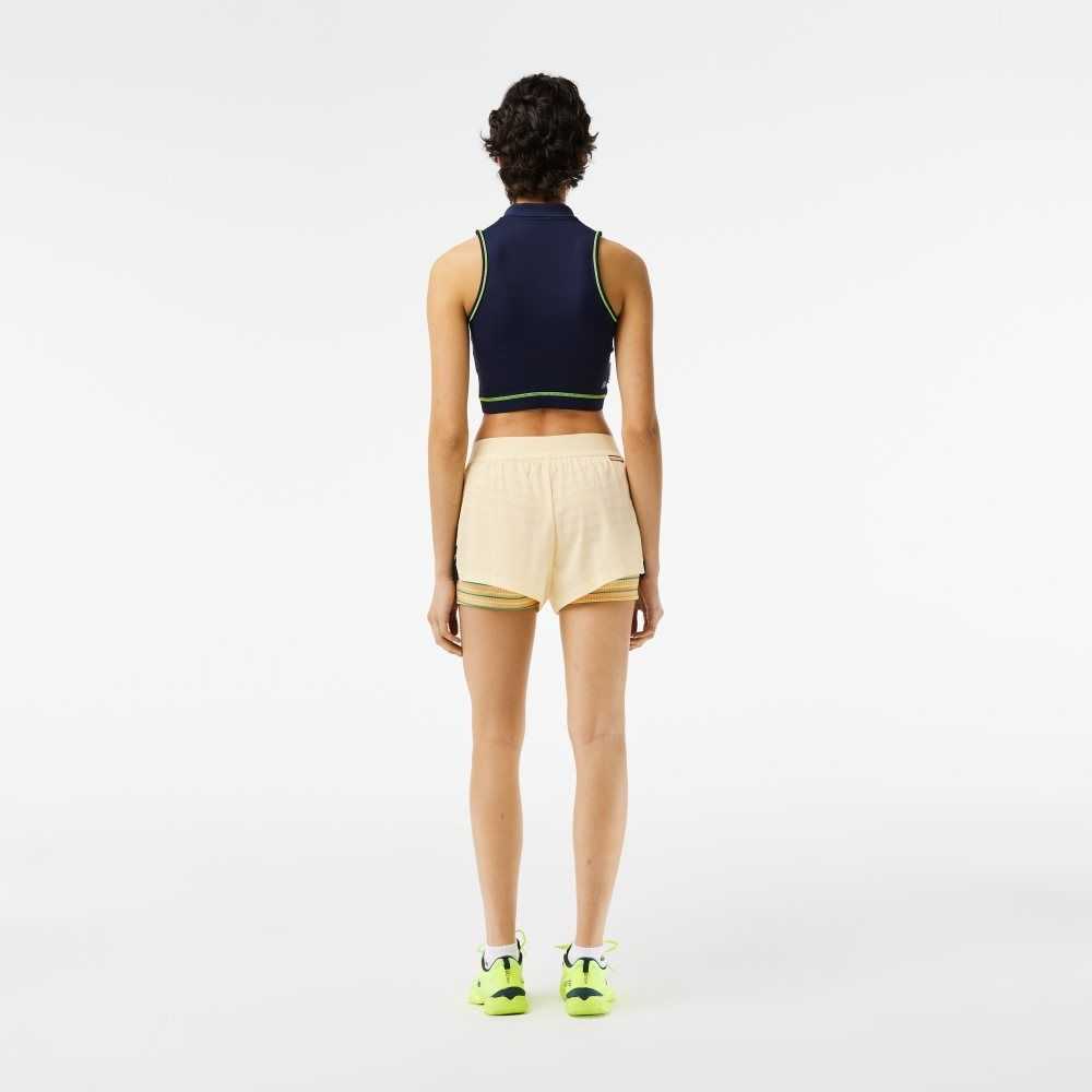 Yellow / Navy Blue / Light Orange Lacoste Roland Garros Edition SPORT Shorts with Built-in Undershorts | GYKWBX-486